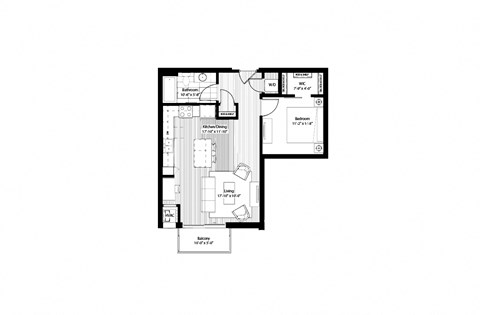 Floor plan for 1 bed, 1 bath, 722 sqft